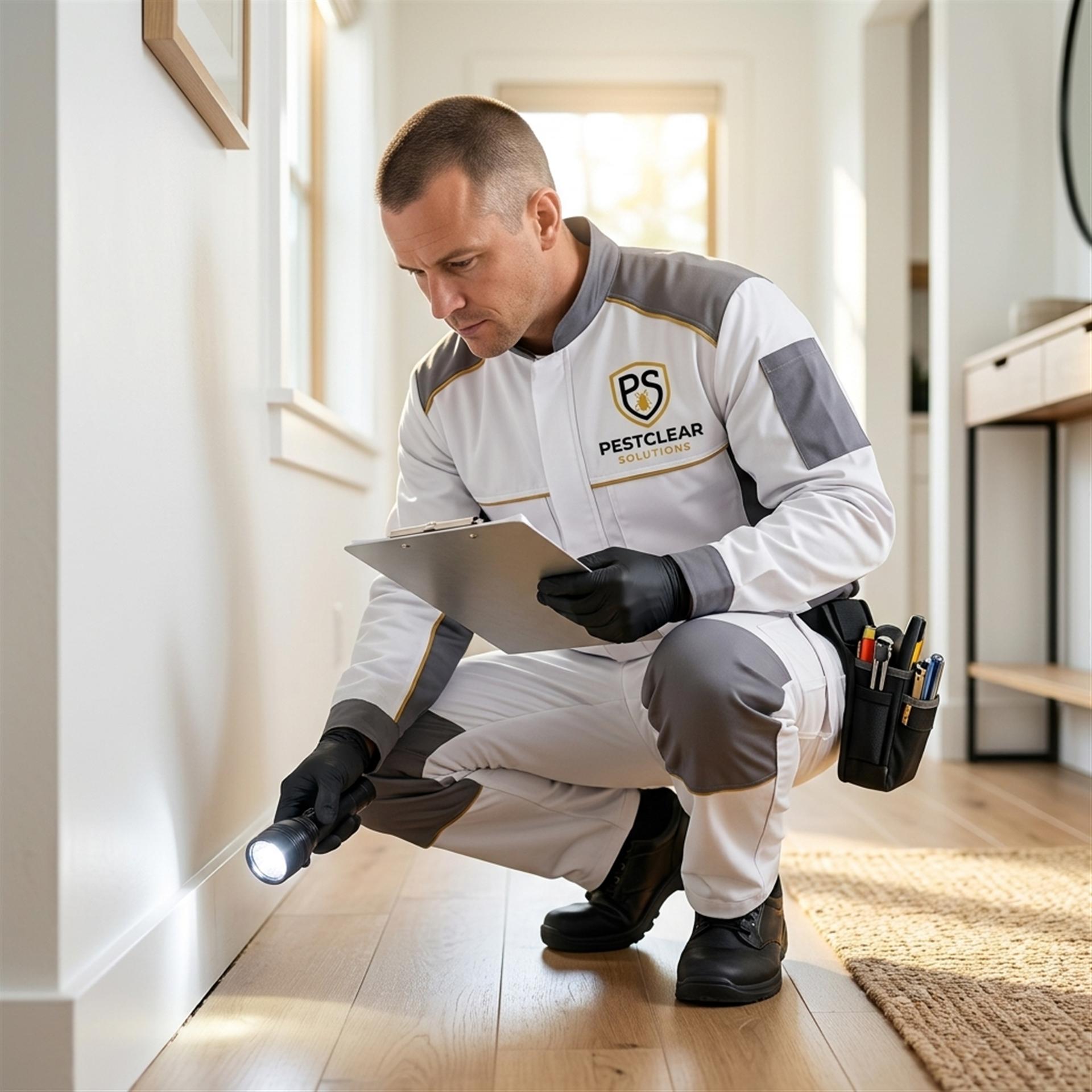 PestClear Solutions Technician Inspecting Home